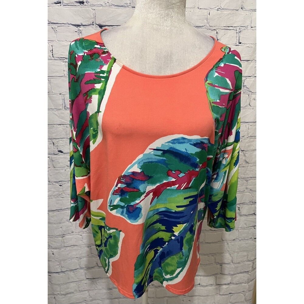 Chico's Palm-Frond-Motif Jersey Dolman Top in a coral/multicolor print 2/L/12